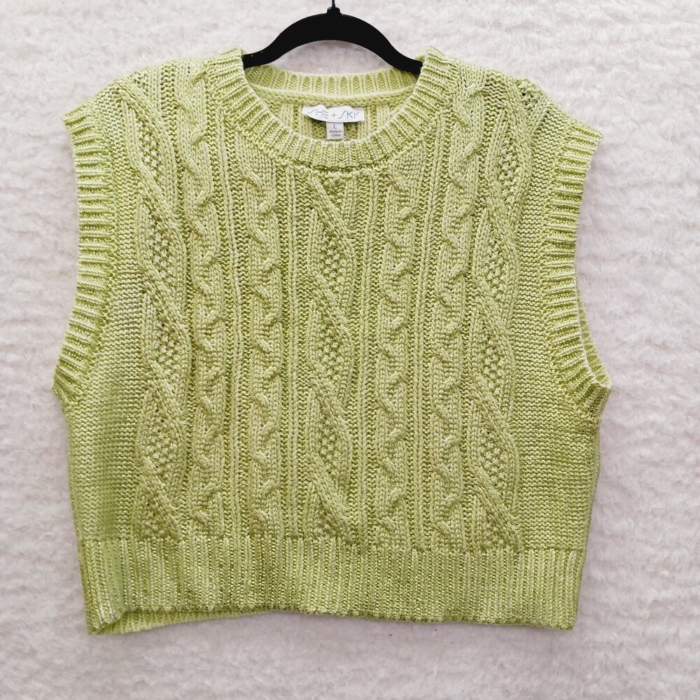 Sweater Sleeveless Cable Knit Lime Metallic Coastal Grandma Alt Girl NWOT Size L